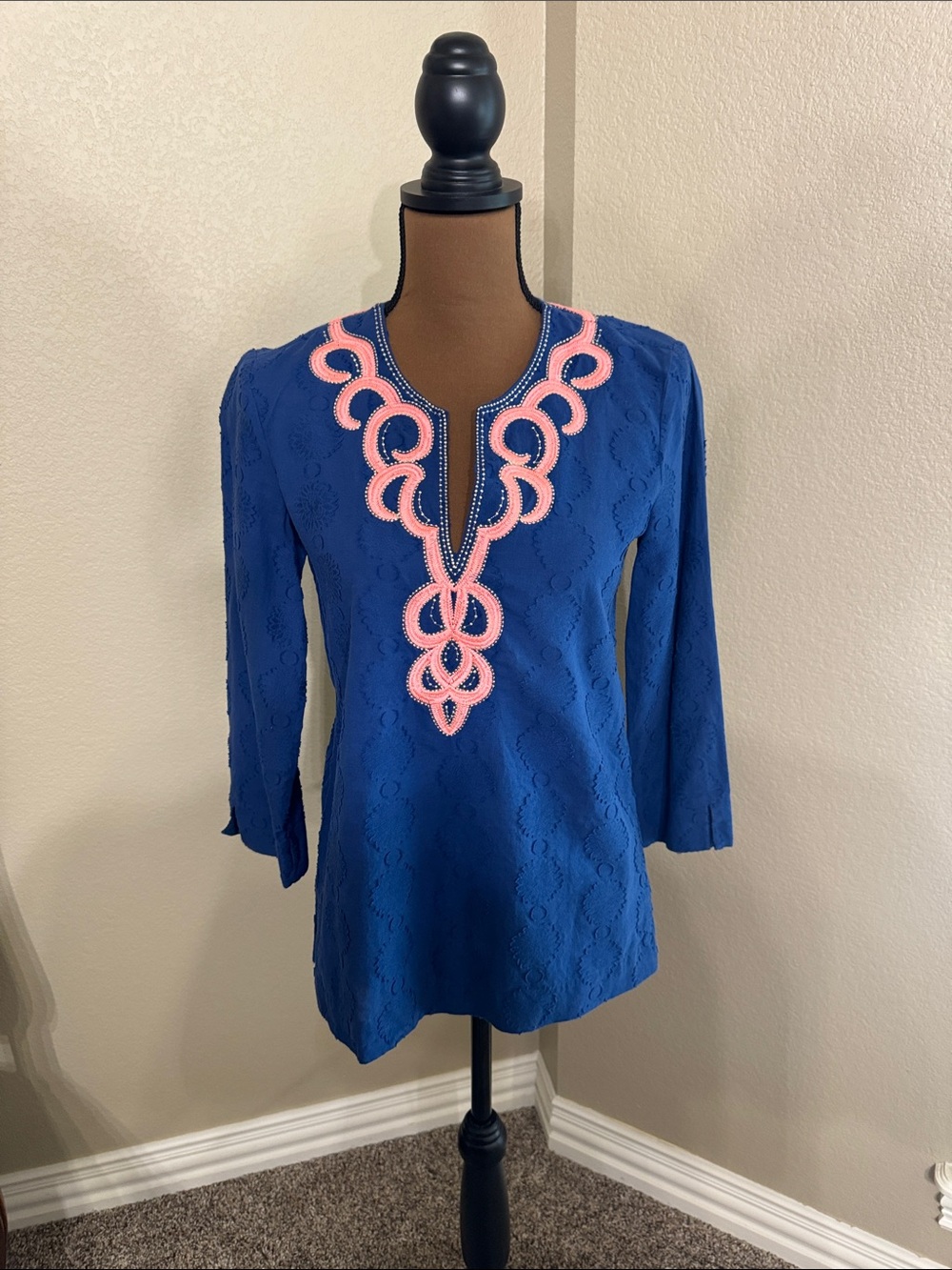 Lilly Pulitzer Royal Blue Tunic with Pink Embroidered Neckline